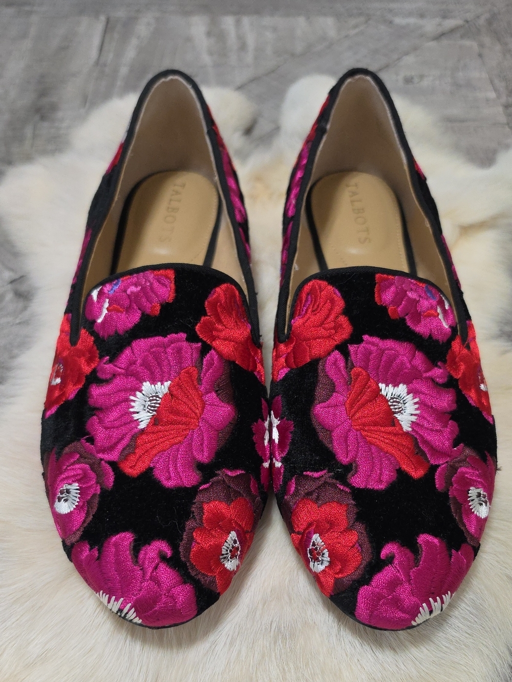 Talbots Black Plush Velvet Floral Loafers with Fuchsia and Red Embroidery